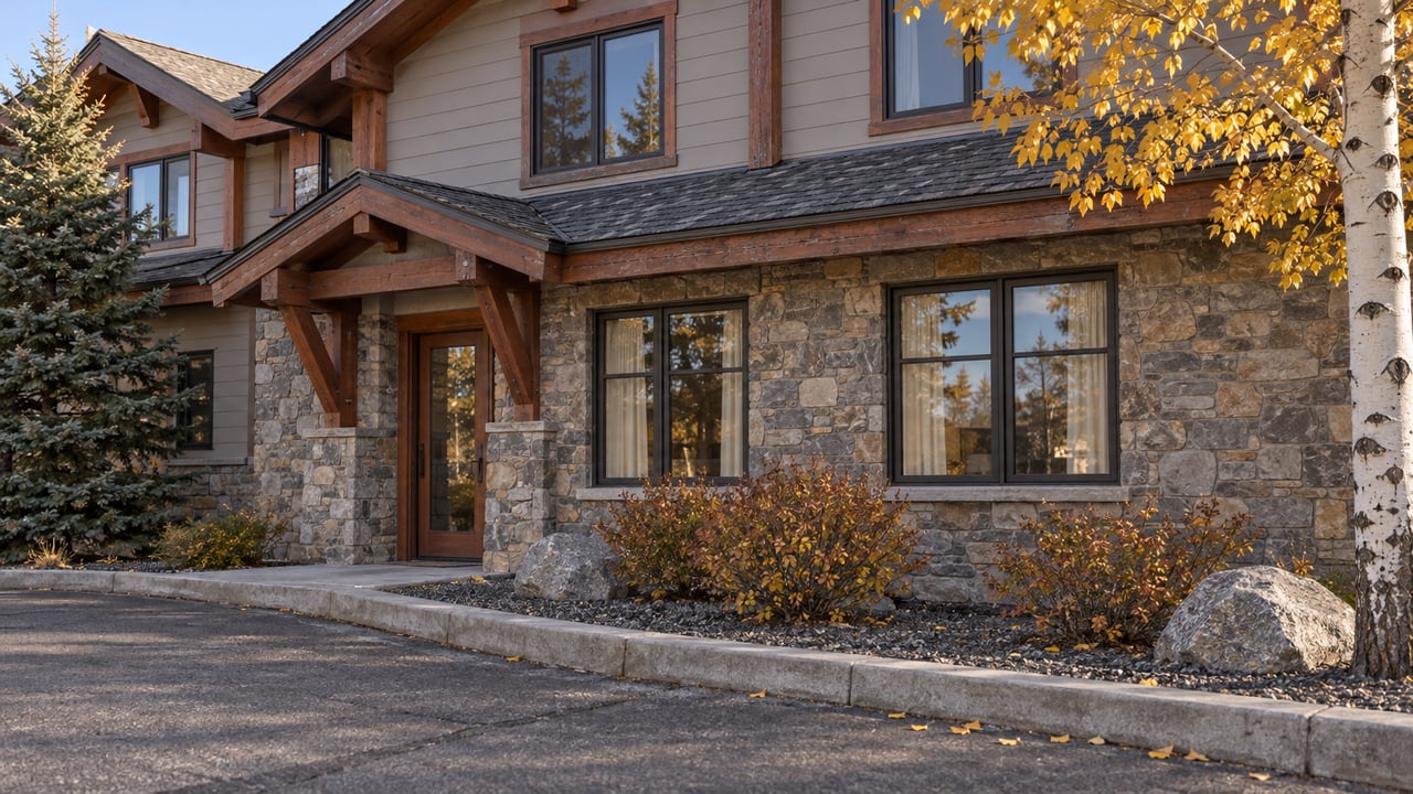 Autumn sunlight grazes stone and pale siding on a low-rise condominium, with dark-framed windows and a golden-leaved aspen beside the shared approach.