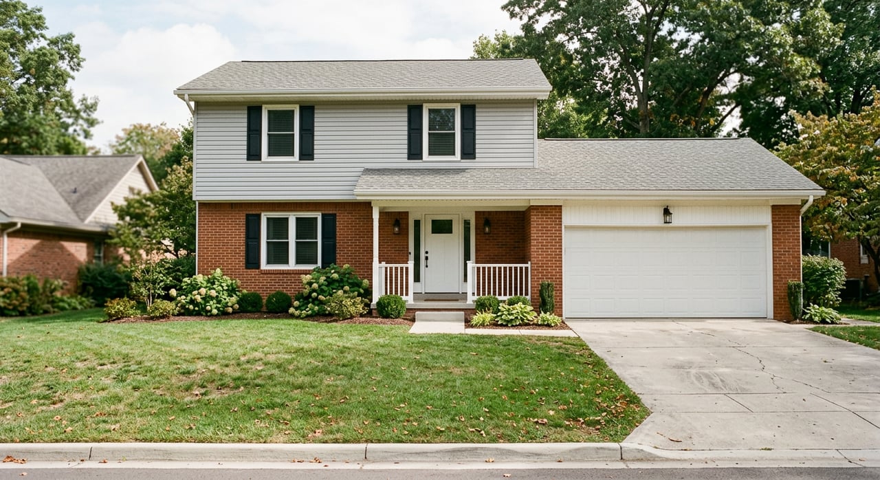 Suburban brick-and-siding home with a right-side garage, front lawn, driveway, and mature tree shading the yard.