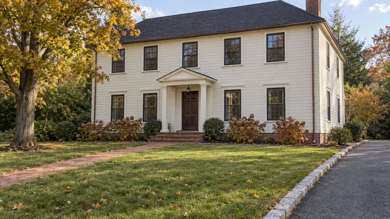 Ivory clapboard house with a brick entry walk, broad autumn lawn, dark shingle roof and mature maple.