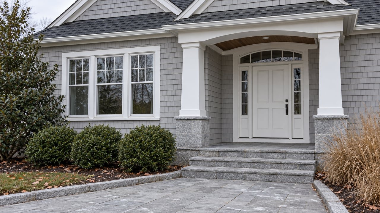 Pale-gray shingle home with white-trimmed windows, sheltered entry, granite steps and carefully edged late-autumn planting beds.