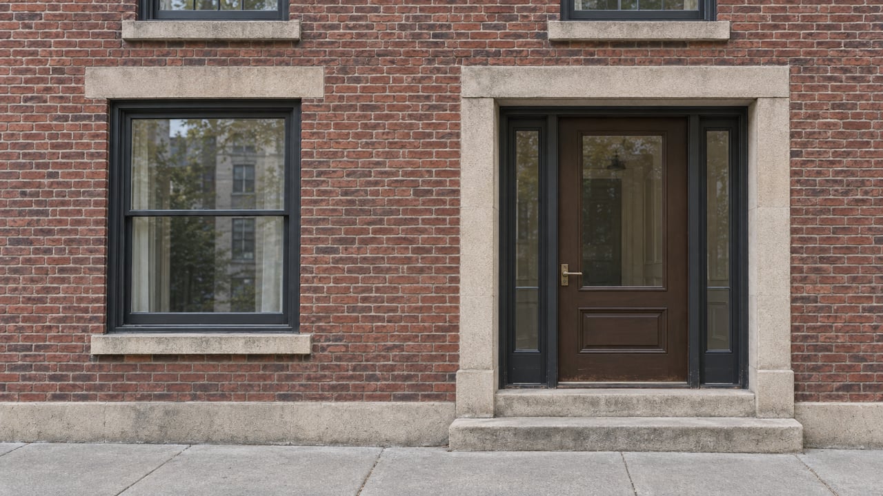 Brick apartment facade with a recessed brown door, glazed sidelights, limestone steps, and an adjacent sash window.