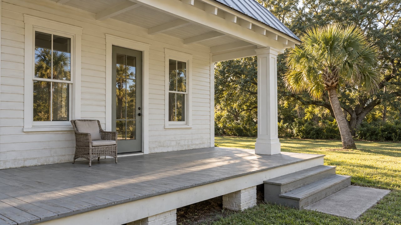 Morning light on a white-sided home's covered porch, with weathered gray floorboards, tall windows, and a palm in the yard.