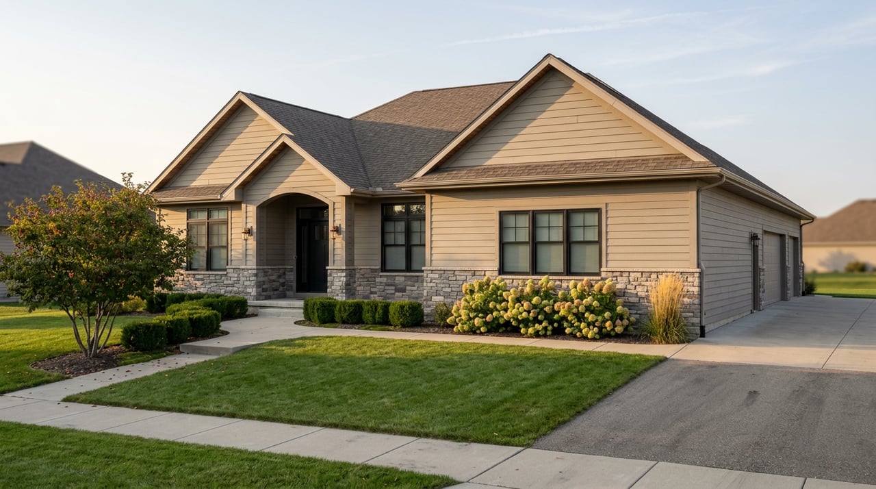 Suburban home with greige siding, gray stone facade, black-framed windows, and a curved walkway across a broad lawn.