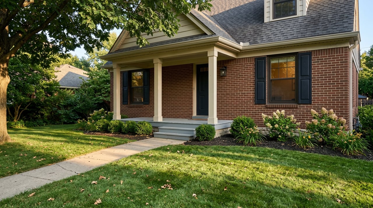Brick house with off-white porch columns, curved concrete walkway, striped lawn, and mature trees.