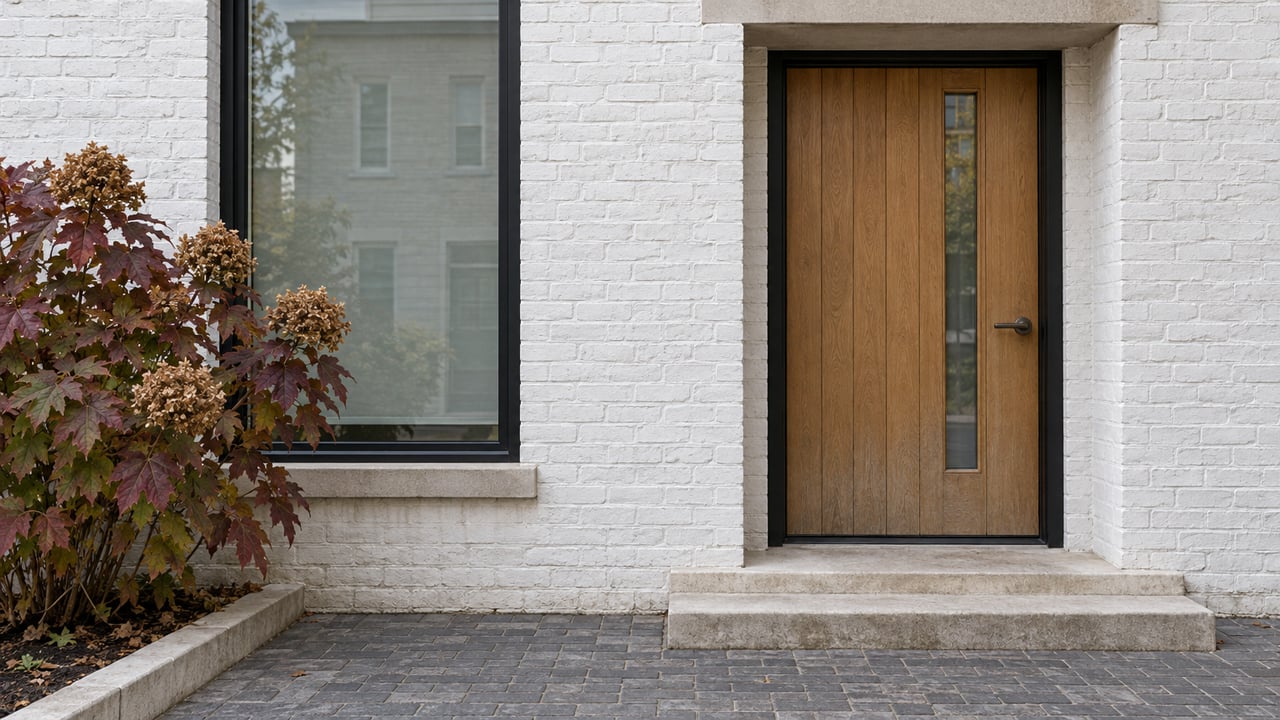 White-painted brick residential entry with an oak door, black-framed window, worn limestone step and burgundy oakleaf hydrangea.
