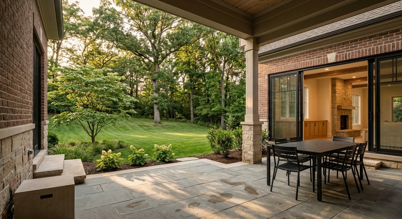 Brick-backed bluestone patio with table and chairs overlooks a deep lawn ending at trees.