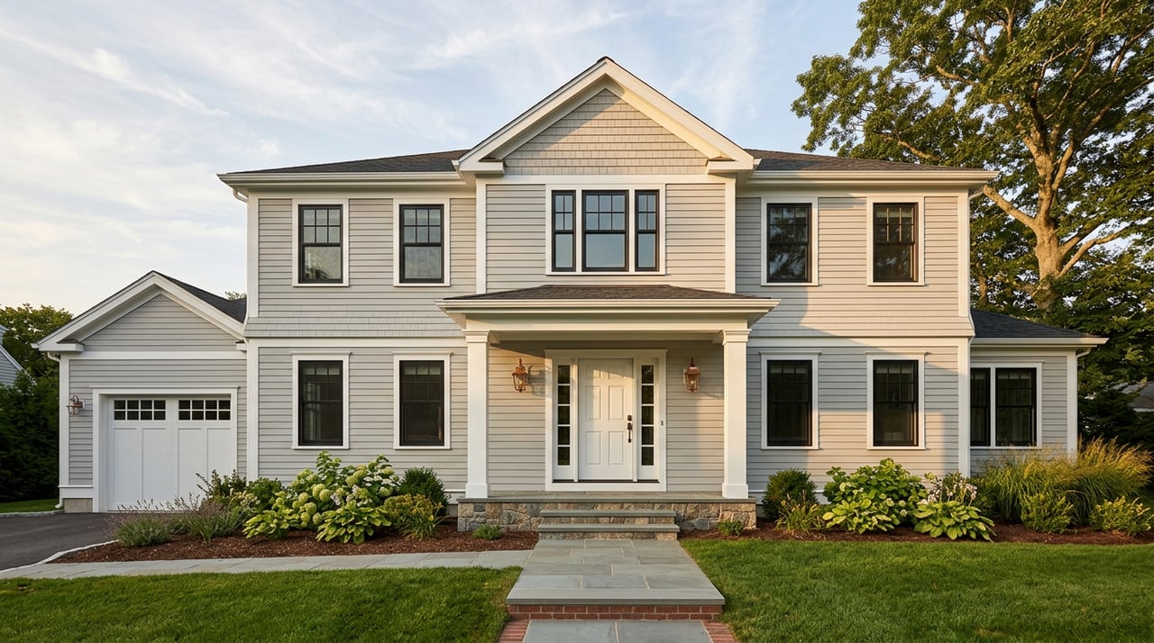 Gray coastal home with white trim, centered portico, copper sconces, and an attached garage beside a bluestone walkway.