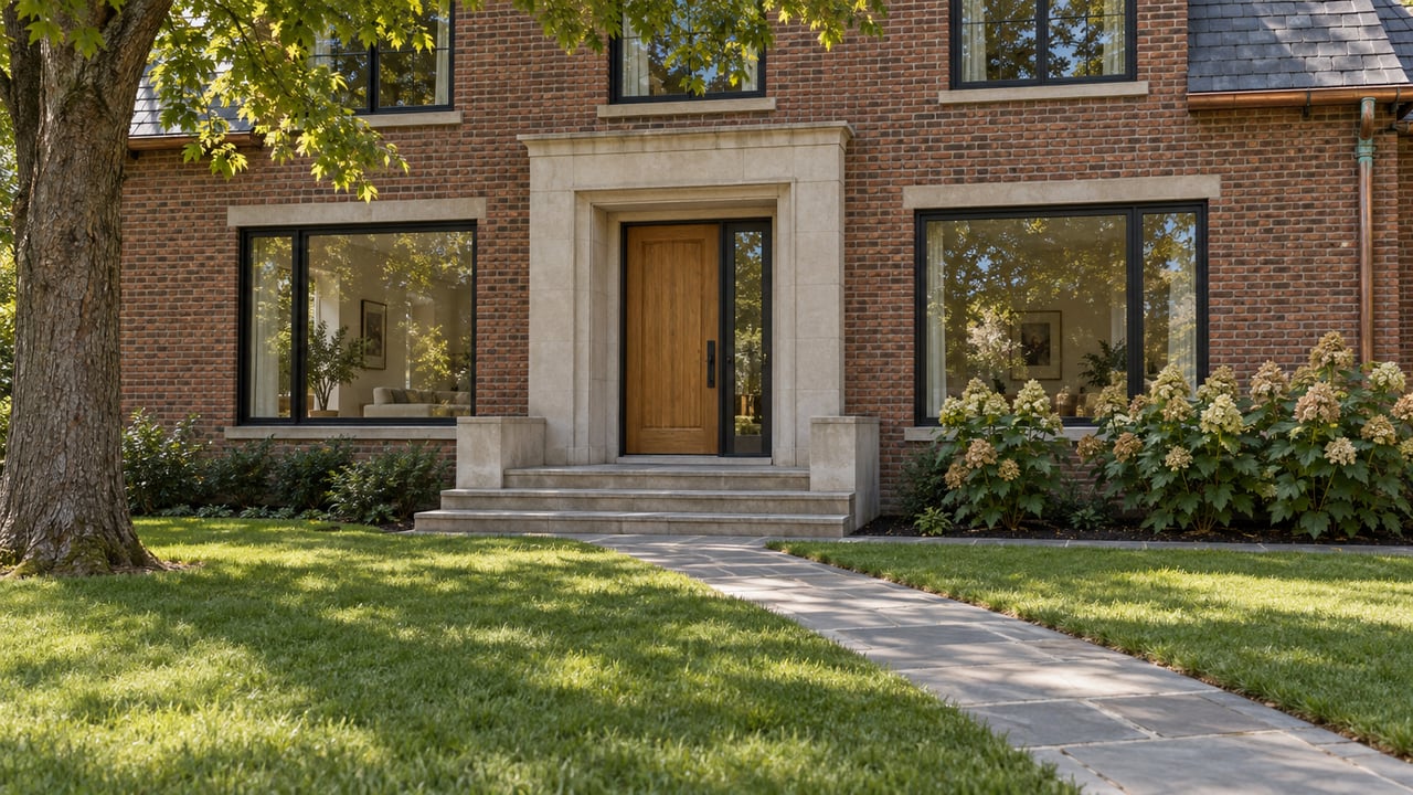 A brick home with black-framed windows and an oak entrance beyond a deep lawn and bluestone approach, with an established maple and oakleaf hydrangeas.