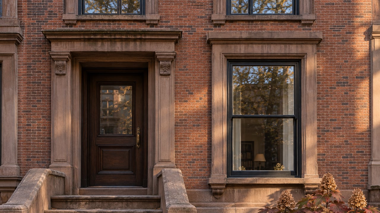 Morning sunlight across a brick townhouse facade, worn brownstone entrance steps and tall black-framed windows.