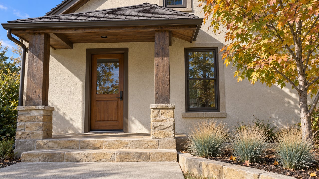 Timber-framed porch with a wood door, cream stucco, sandstone steps and a maple turning gold beside the entry.