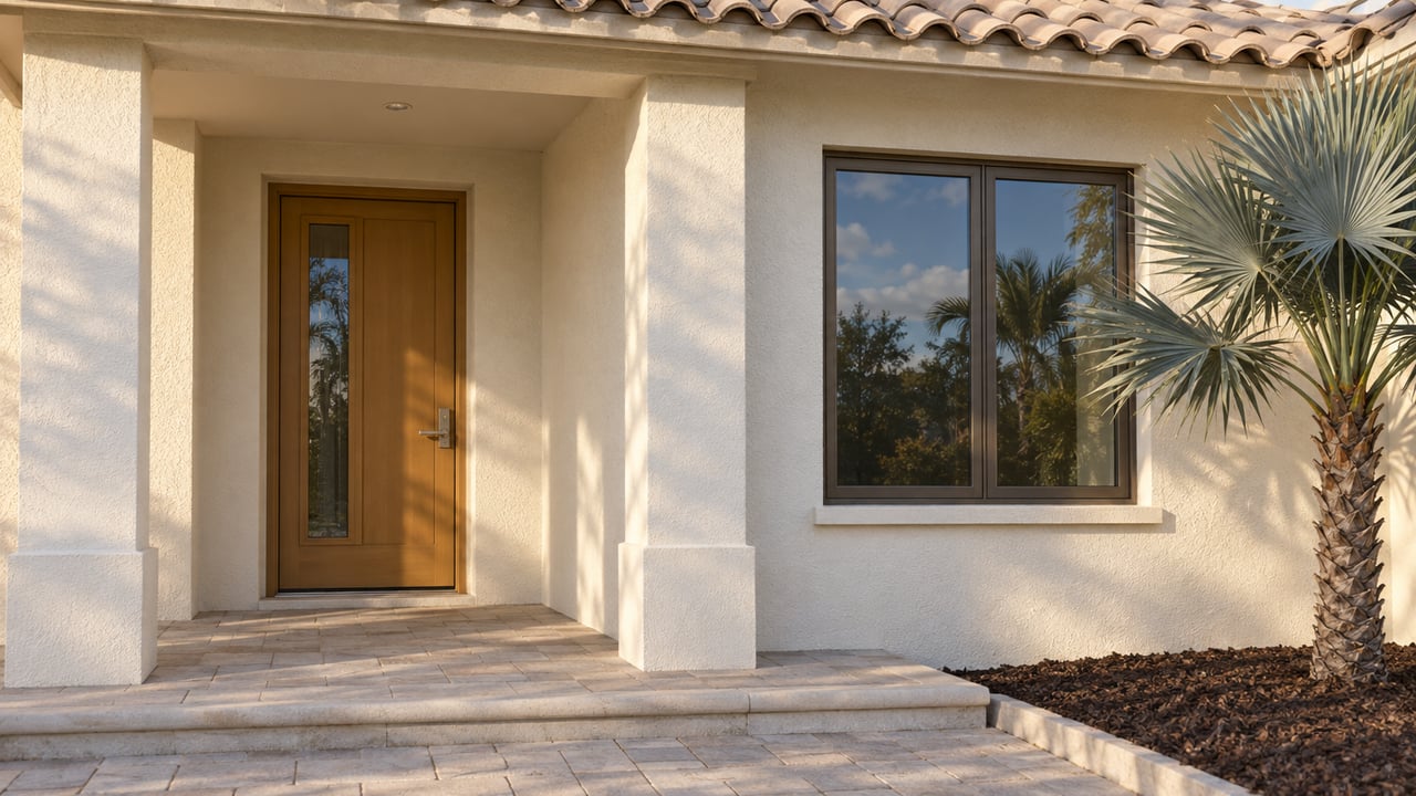 Close view of an ivory stucco home's covered entry, bronze-framed window, pale pavers and a silver fan palm.