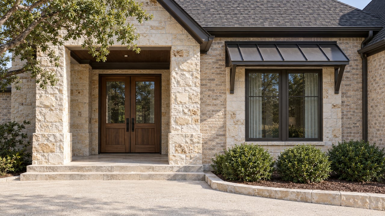 Stone-and-brick home entrance with paired wood doors, dark-trimmed windows, pale stone steps and neatly edged planting.