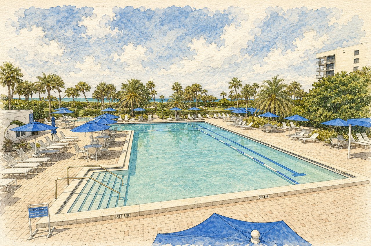 Beachplace swimming pool with palm trees, lounge chairs, and blue umbrellas.