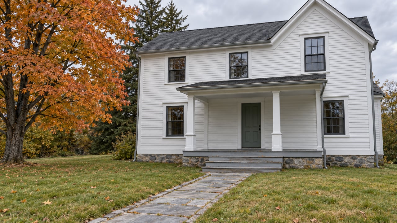 White clapboard home with a covered porch, stone walk, broad autumn lawn, and a copper-leaved sugar maple.