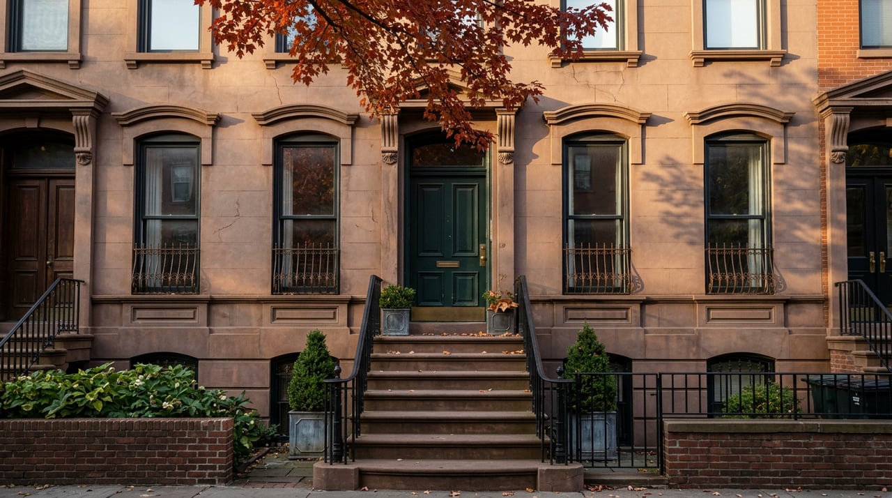 Brownstone rowhouse stoop with a green door, black iron railing, and scarlet maple leaves overhead.
