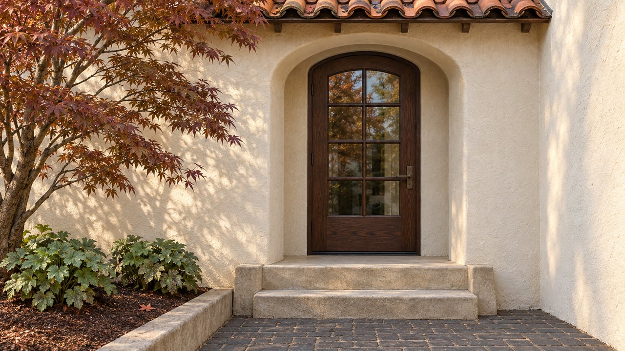 Ivory stucco arched entry with a dark wood glazed door, terracotta tile eave, worn stone steps, and a russet Japanese maple.