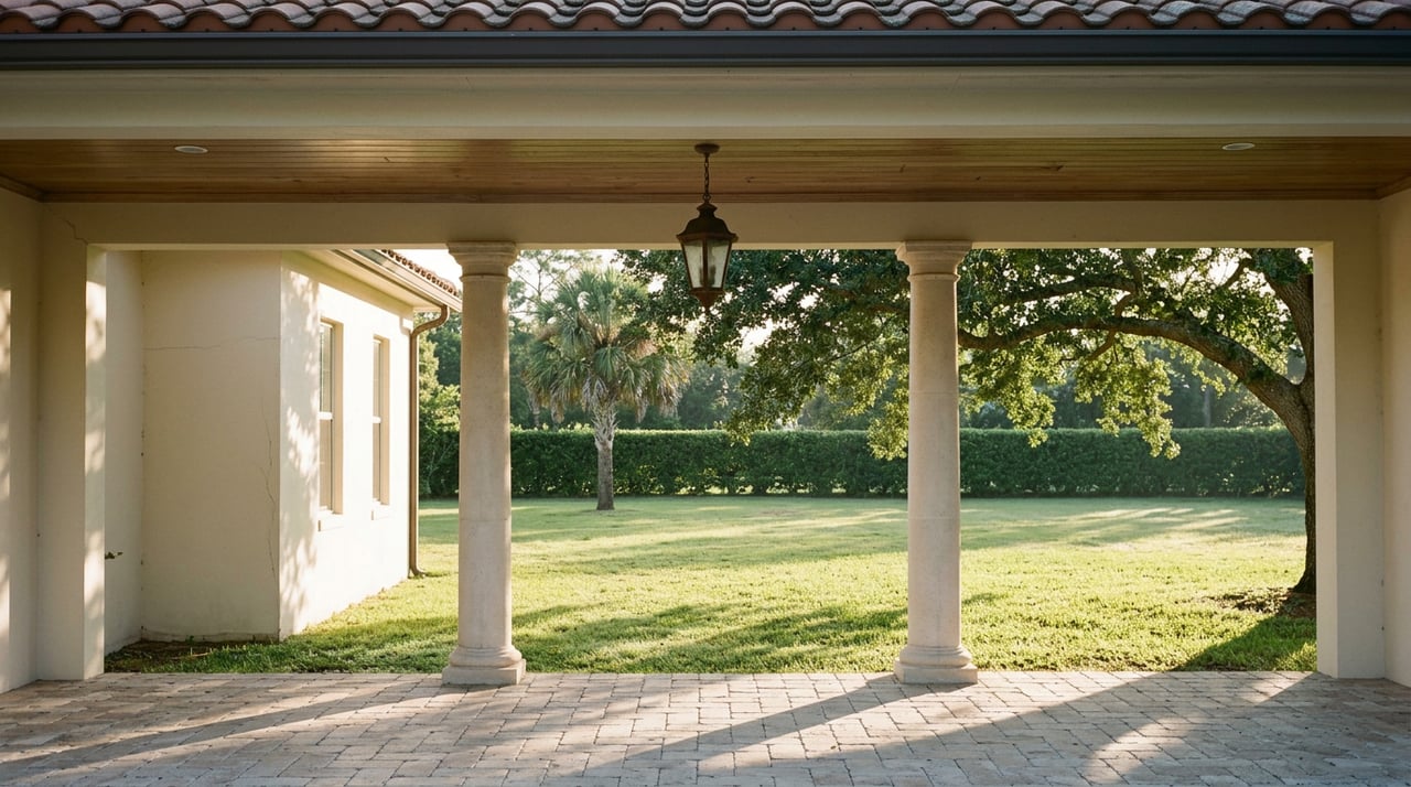 Covered loggia with stone columns framing a lawn, a lone palm, clipped hedge, and arching oak.