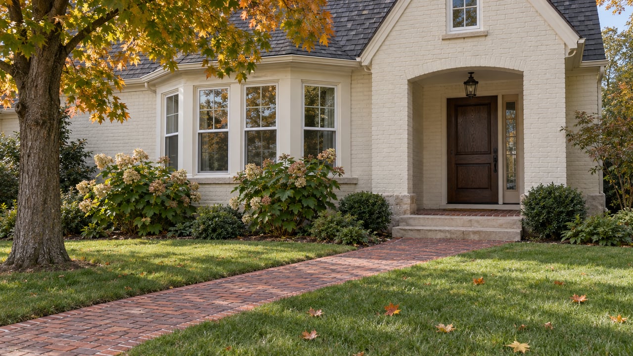 Ivory painted-brick home with a charcoal gable roof, oak front door, brick approach and an autumn sugar maple.