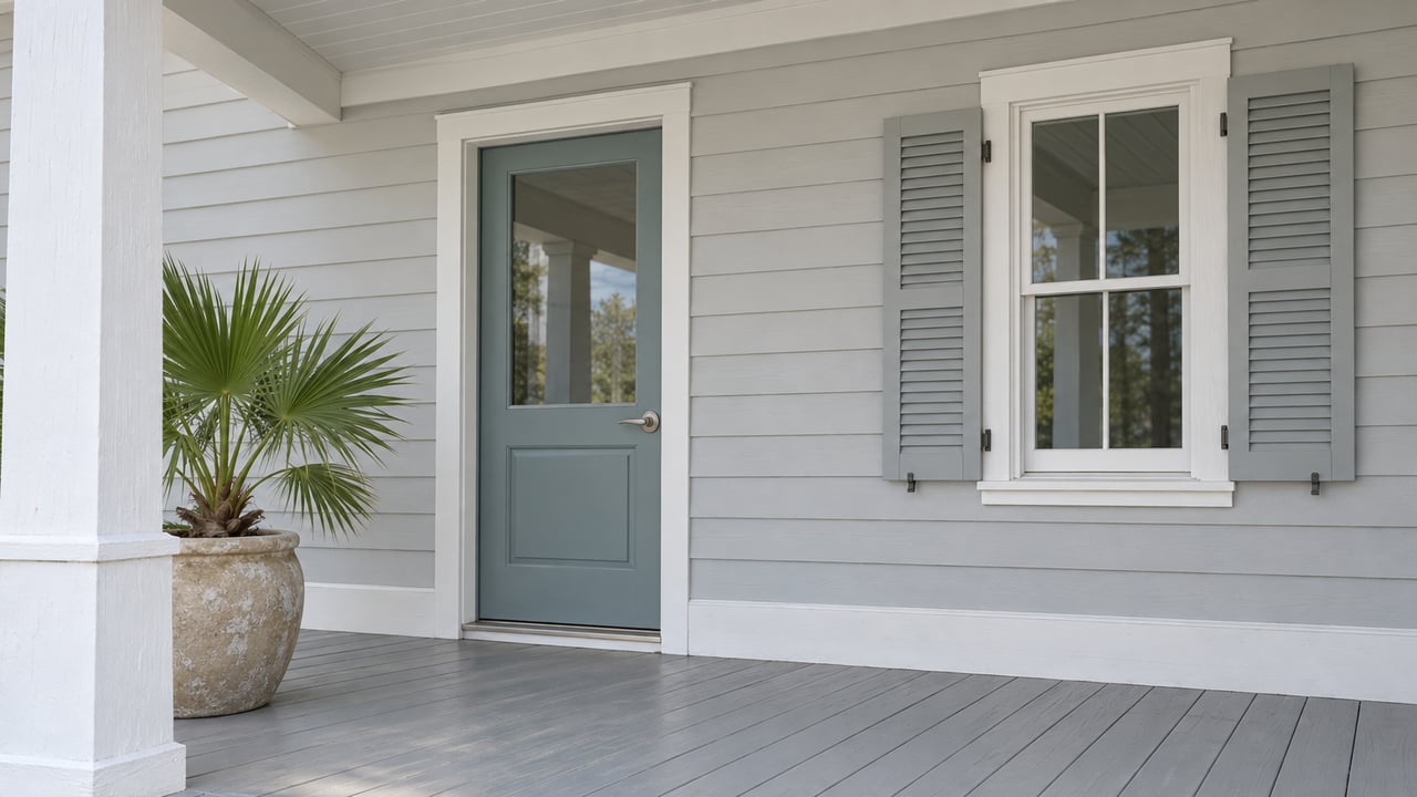 Pale clapboard entry on a raised veranda, with a blue-green glazed door, paired window shutters and a single dwarf palmetto in a ceramic planter.
