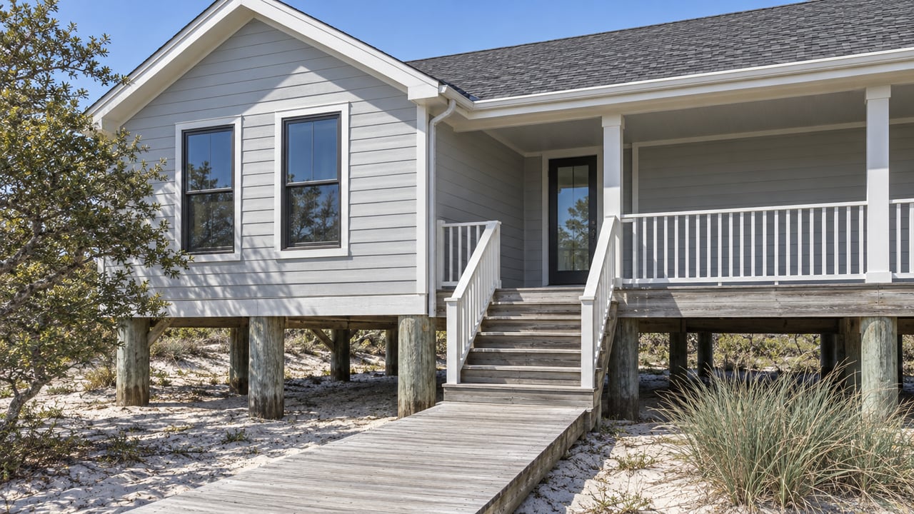 Elevated pale-gray coastal house with a covered porch, dark-framed windows, weathered timber supports and carefully placed native planting.