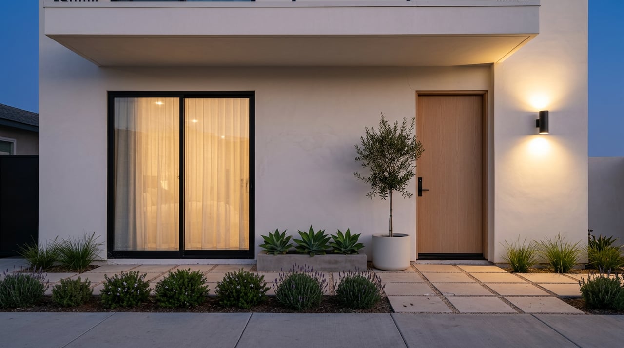 Townhome entrance with a glowing black sconce, oak door, illuminated glass slider, and limestone pavers.