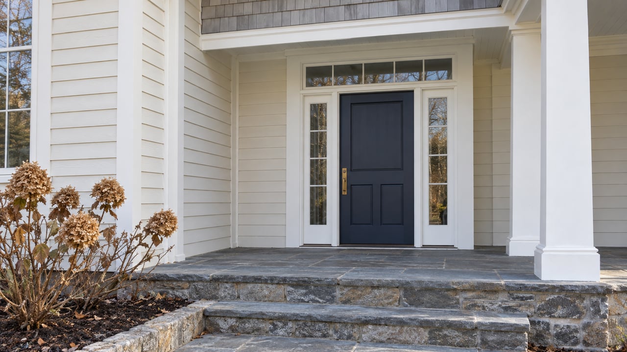 Cream clapboard entry with a navy door, matching sidelights, weathered gray shingles and broad stone porch steps beside a dormant oakleaf hydrangea.