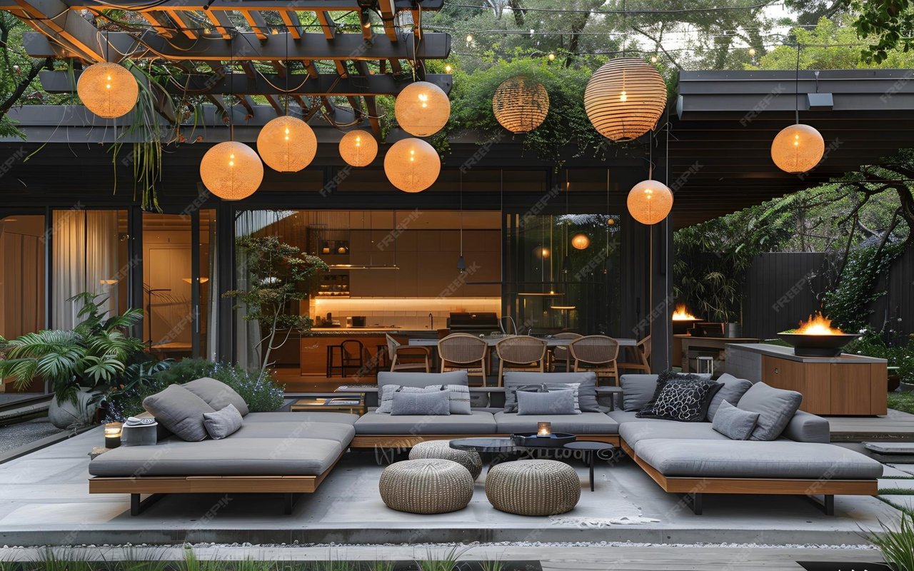 Outdoor patio with a gray sectional, glowing globe lights, pergola, and fire feature.