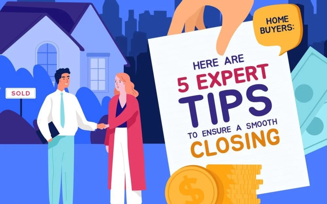 Illustrated home buyers stand beside a SOLD sign beneath a headline about five tips for a smooth closing.