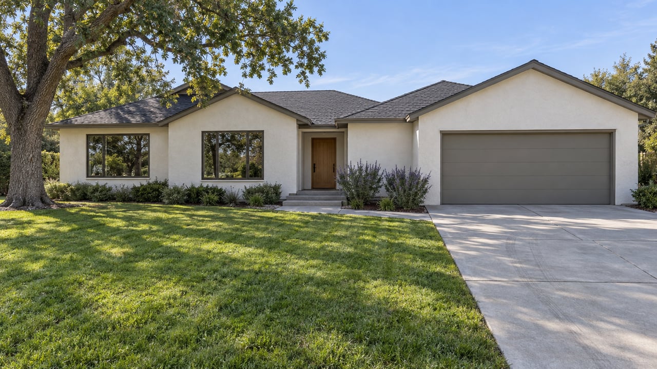 A low-gabled stucco home behind a broad lawn, with a mature oak, timber entry door, and attached two-car garage.