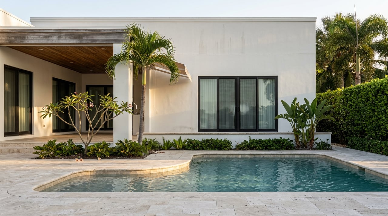 Coastal-modern home overlooking a travertine pool, with a wood-ceiling loggia, palm, and clipped hedge.