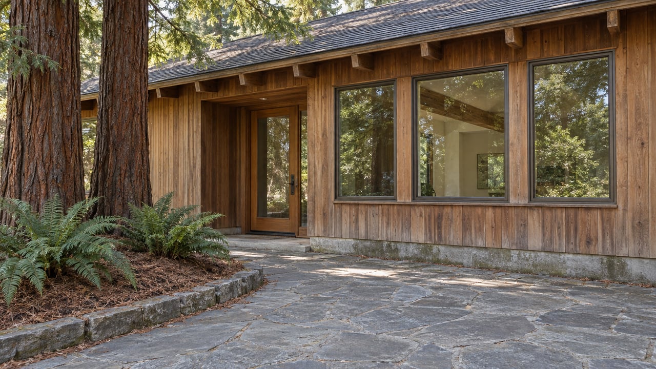 Cedar-clad home with large timber-framed windows, a recessed glass entry and a stone approach beside redwoods and sword ferns.