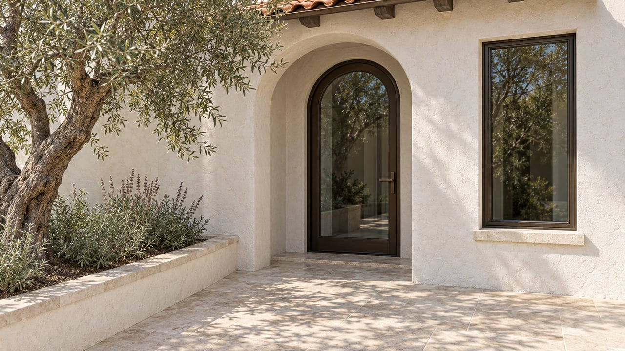 Arched bronze-framed entrance in textured white stucco above a limestone terrace beside a mature olive tree.