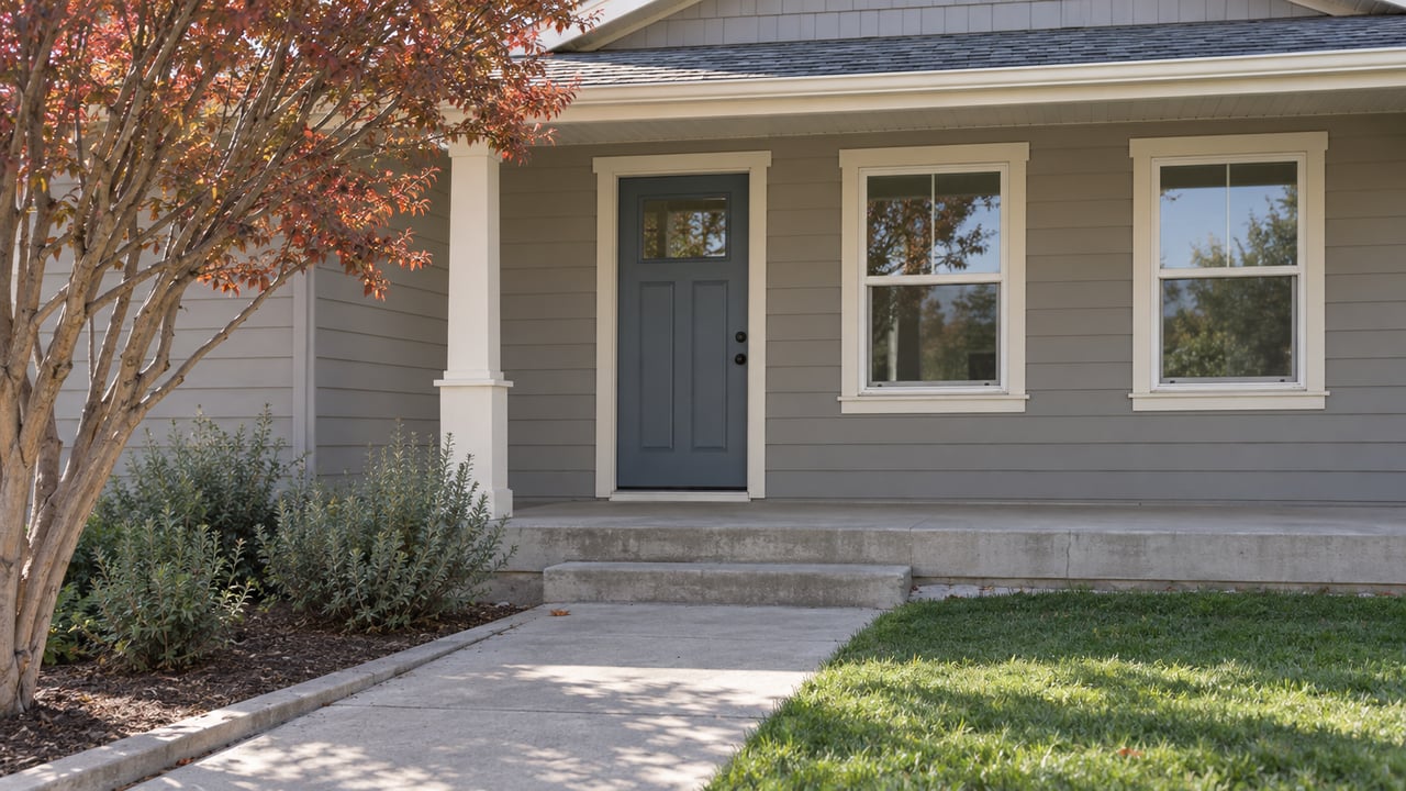 A muted-blue front door and paired windows beneath a cream-trimmed porch, with weathered concrete steps, lawn and autumn planting.