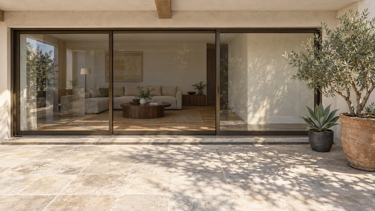 Limestone terrace with potted olive tree and agave beside a closed glass wall overlooking a living room.