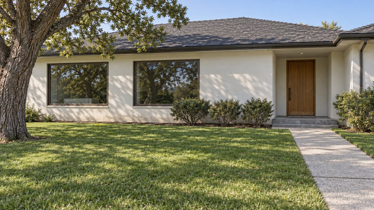 Low white stucco home with broad windows, an oak entry door, mature oak tree and deep front lawn.