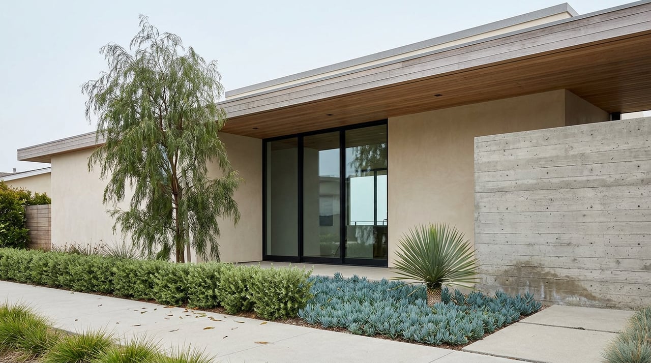 Contemporary stucco home with black-framed glass doors, board-formed concrete wall, and drought-tolerant coastal planting.