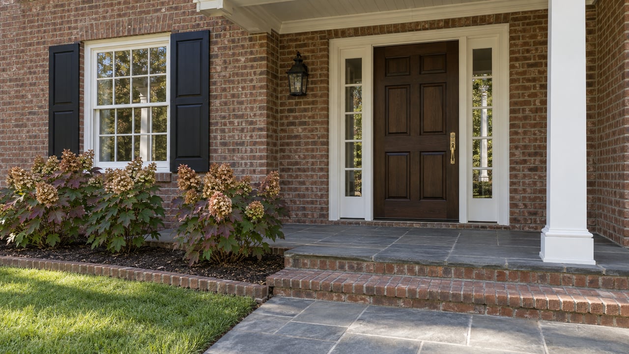 Brick home entry with white porch trim, slate paving and oakleaf hydrangeas beginning to turn burgundy.