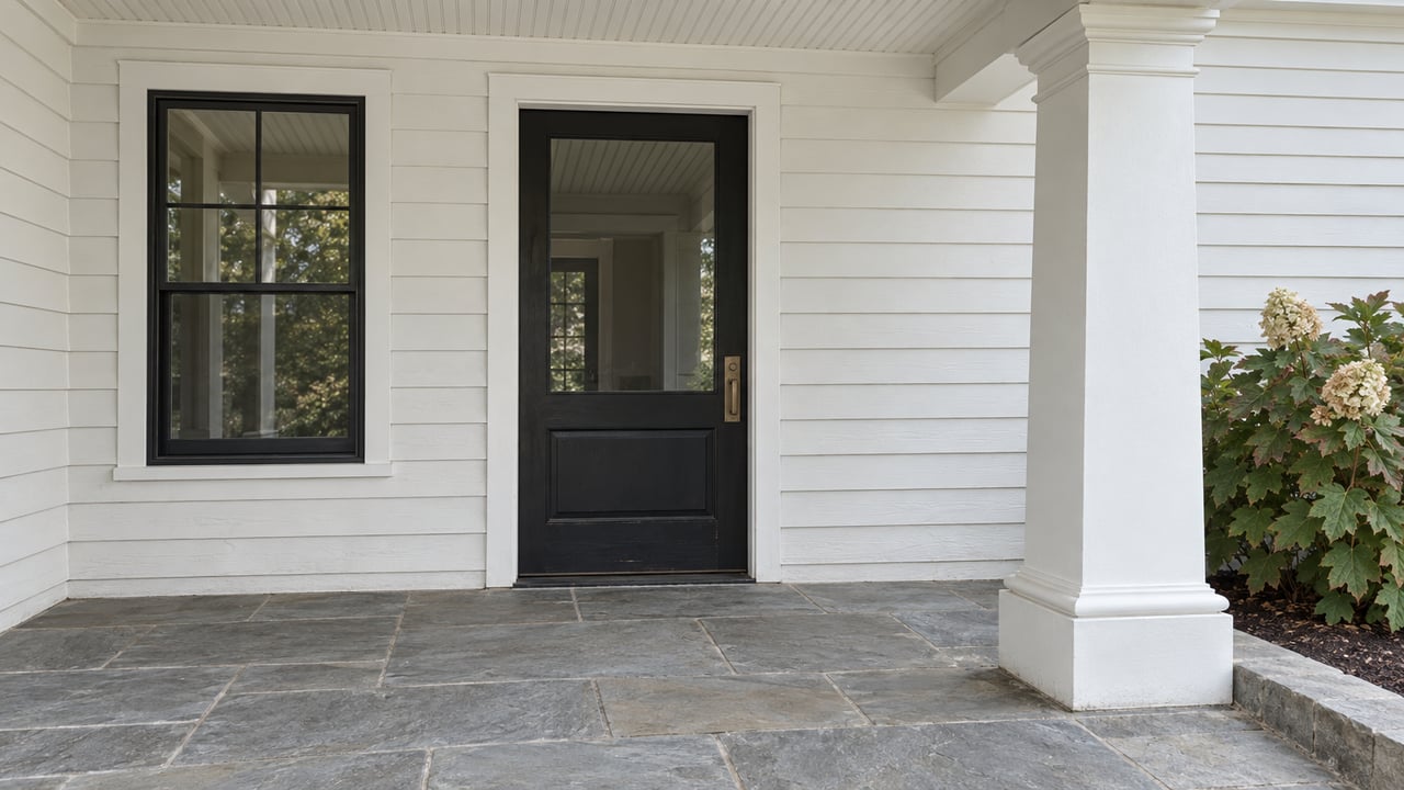 Close view of a white wood-sided home's covered porch, with a black glazed entry door, substantial white column, bluestone paving and an oakleaf hydrangea.