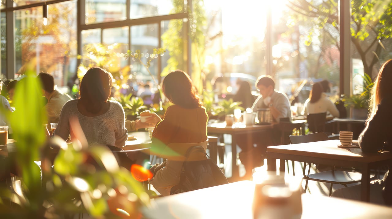 A cozy, sunlit cafe with people enjoying coffee and conversation, representing Houston’s vibrant dining and social scene. Lush greenery and large windows give a warm, inviting atmosphere.