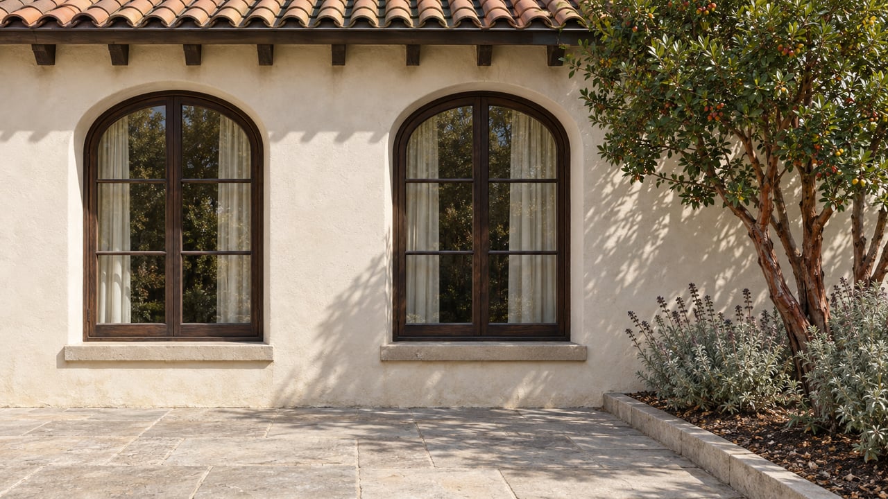 Sunlit plaster facade with two arched timber windows, weathered terracotta roof tiles and a limestone garden terrace.