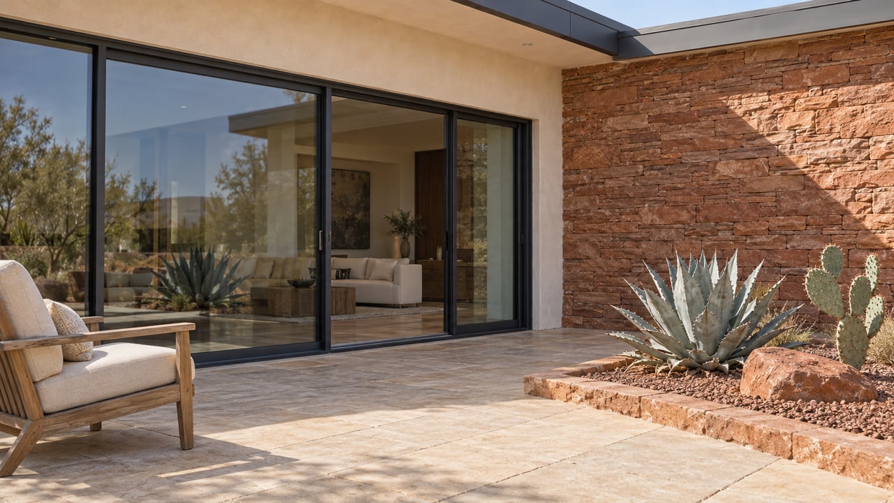 Cream stucco and red sandstone home opening onto a limestone terrace with a teak lounge chair, agave, and prickly pear cactus.