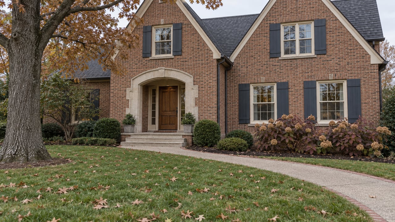 Brick home with steep gables, a limestone arched entrance, curved front walk, and a mature oak above a deep autumn lawn.