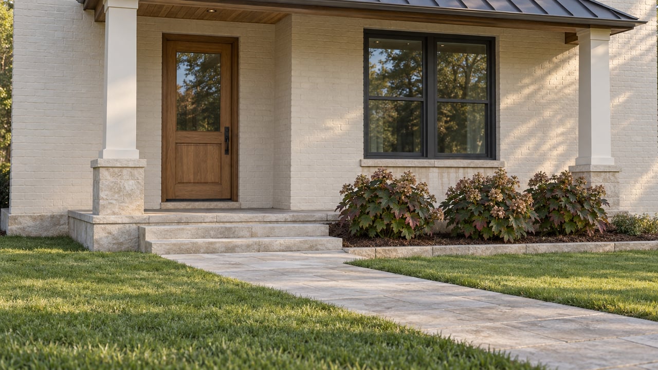 An ivory-painted brick home with a cedar porch ceiling, oak entry door, limestone steps and oakleaf hydrangeas beside a deep lawn.