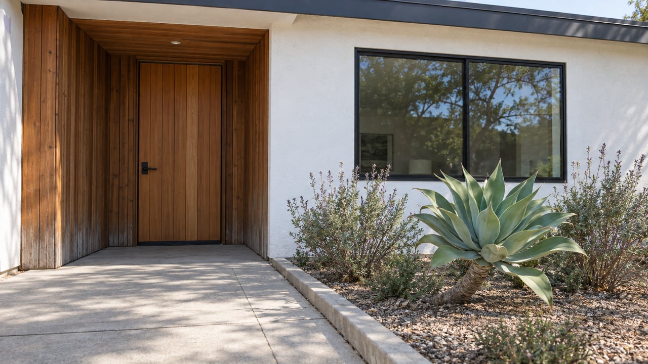 Sunlit white stucco home with a recessed cedar entrance, black-framed window and a concrete path beside an agave planting bed.