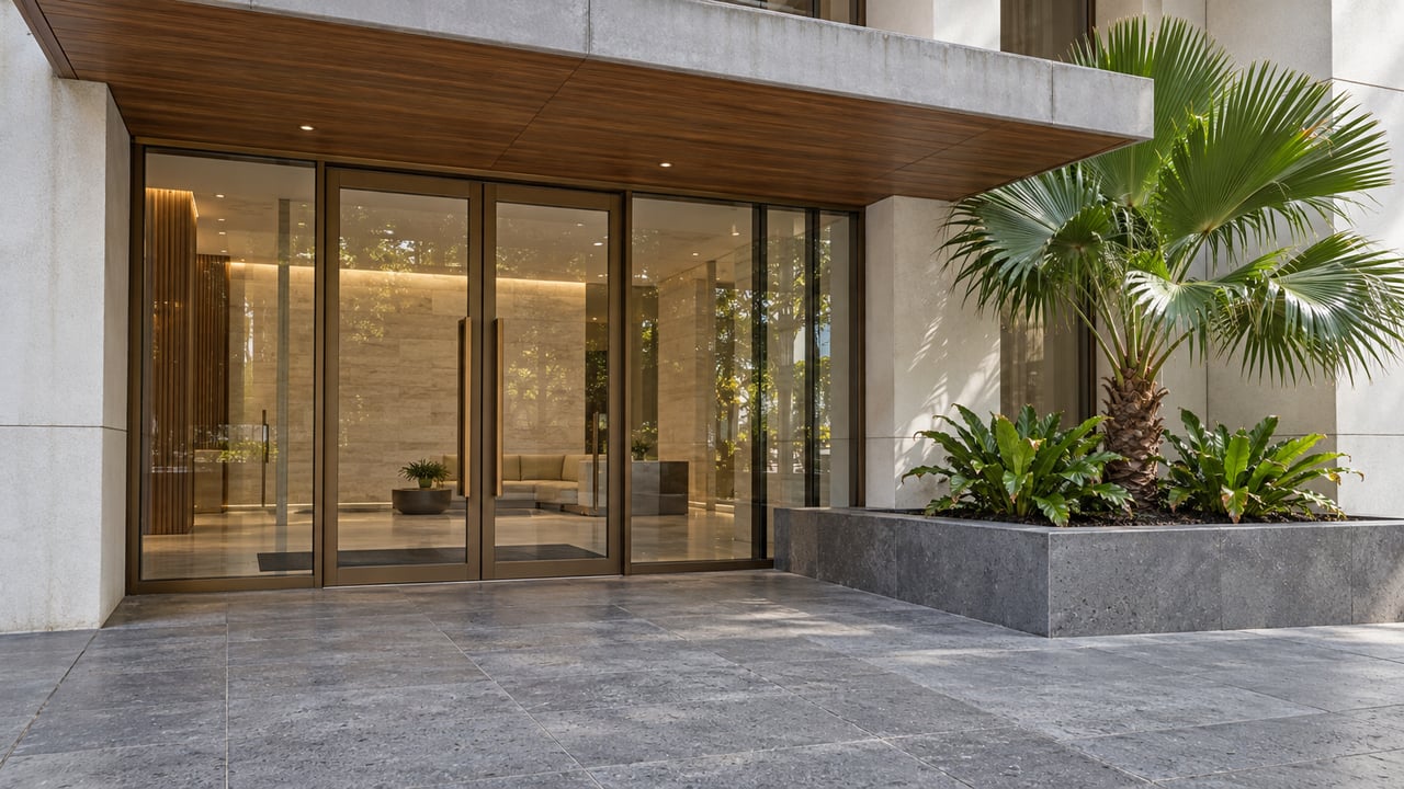 Modern glass-fronted entrance with a stone forecourt and tropical planting.
