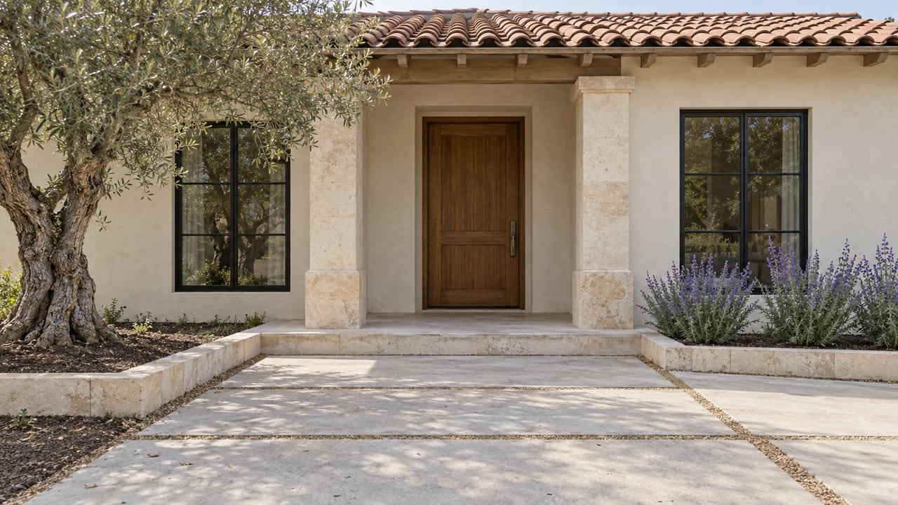 Single-story stucco house with recessed wood door, tiled roof, slab path, and twisted olive tree.