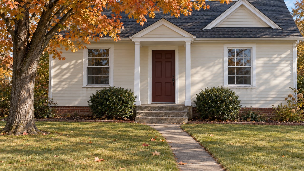 Cream clapboard house with an oxblood door, flanking windows, broad lawn, and an orange-leaved tree.