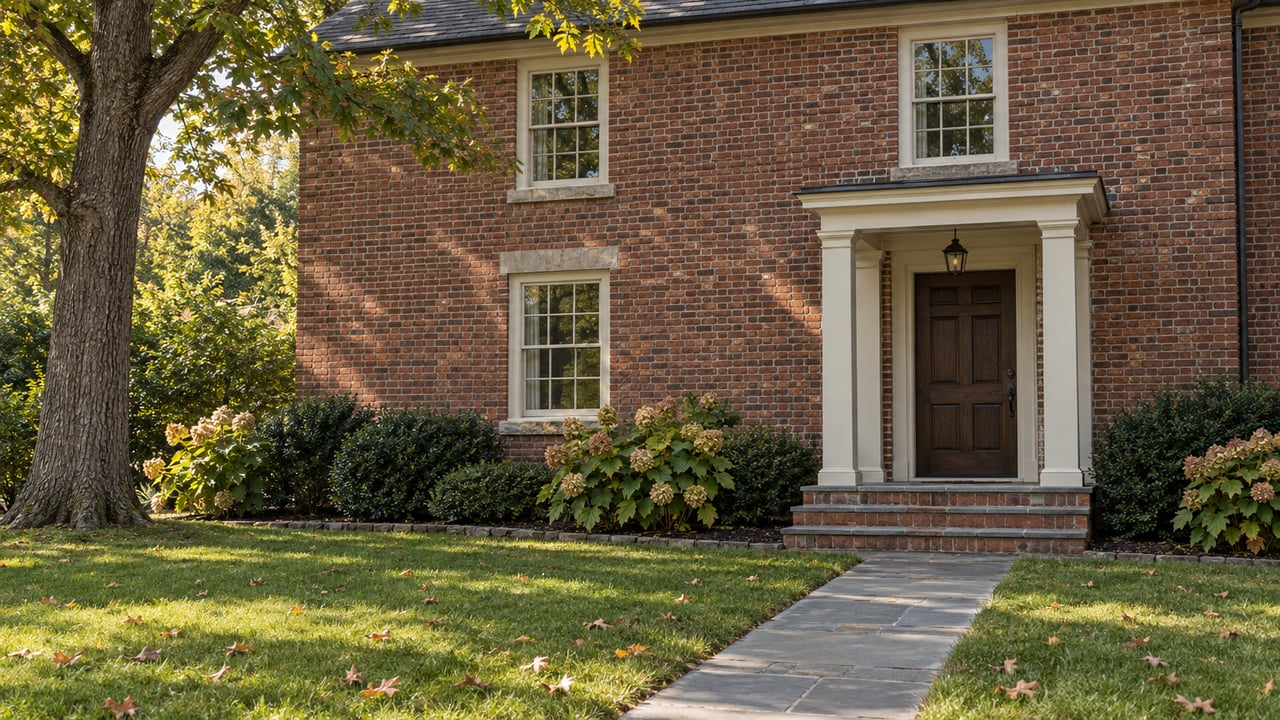 Two-story red-brick house with a columned entry, bluestone path, lawn, and oak tree.
