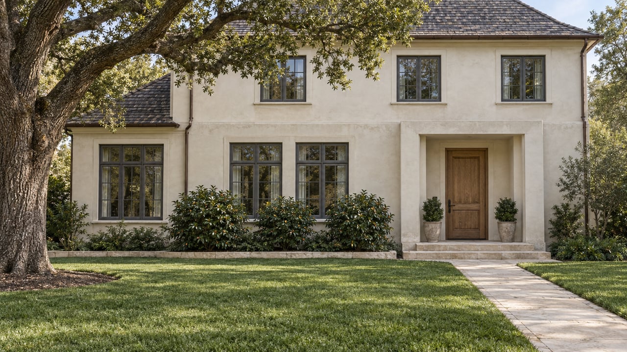 An ivory stucco home with timber windows and a recessed oak entrance beyond a deep lawn, limestone walk and mature oak.