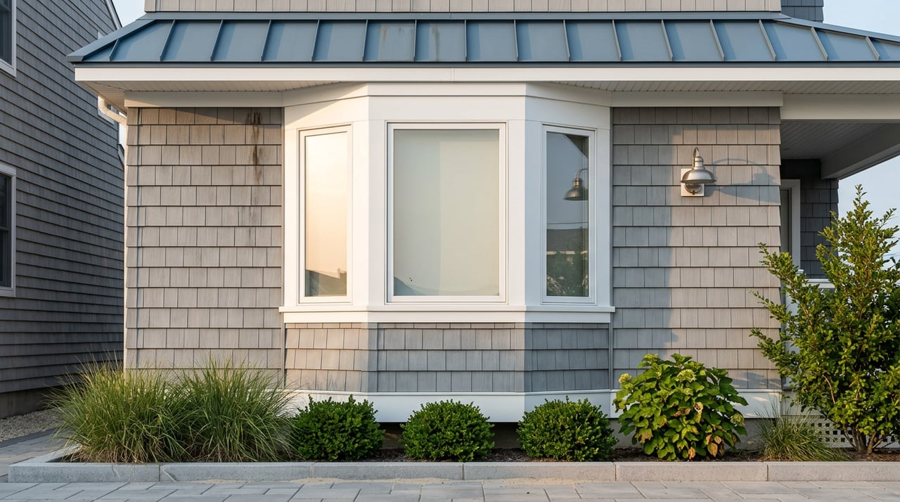 Gray-shingled shore house corner with a curved white-trimmed bay, blue-gray metal awning, and paver walkway.